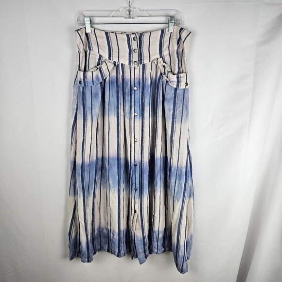 Free People Loose Change Maxi Skirt Size 12 Blue Striped Tie Dye Boho Linen - Picture 3 of 10